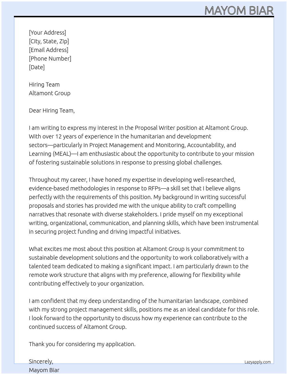 Cover letter for proposal writer - LazyApply