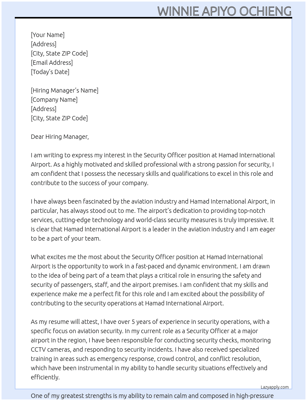 Security Officer At Hamad International Airport Cover Letter