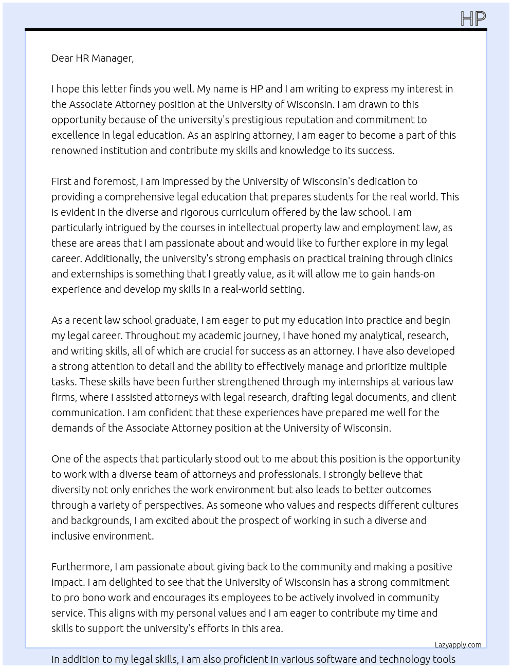 Associate Attorney At University of Wisconsin Cover Letter