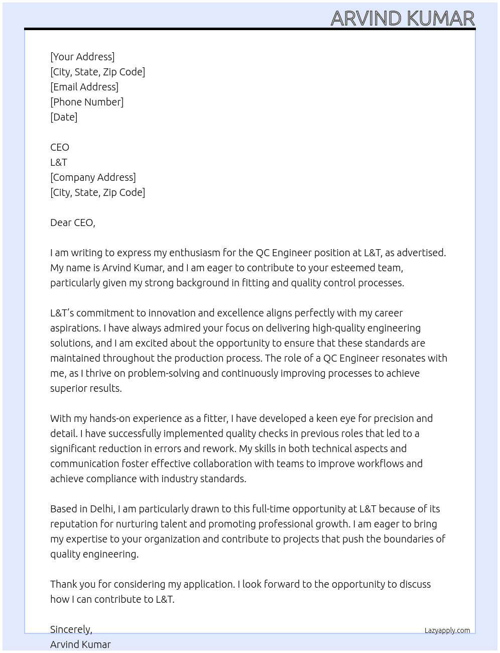 QC engineer At L&T Cover Letter