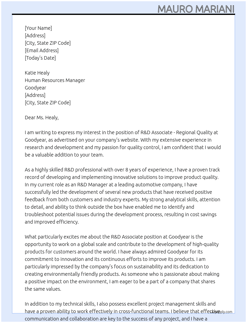 R&D associate - Regional Quality At Goodyear Cover Letter