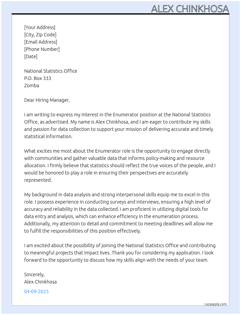 enumerator At national statistics office Cover Letter