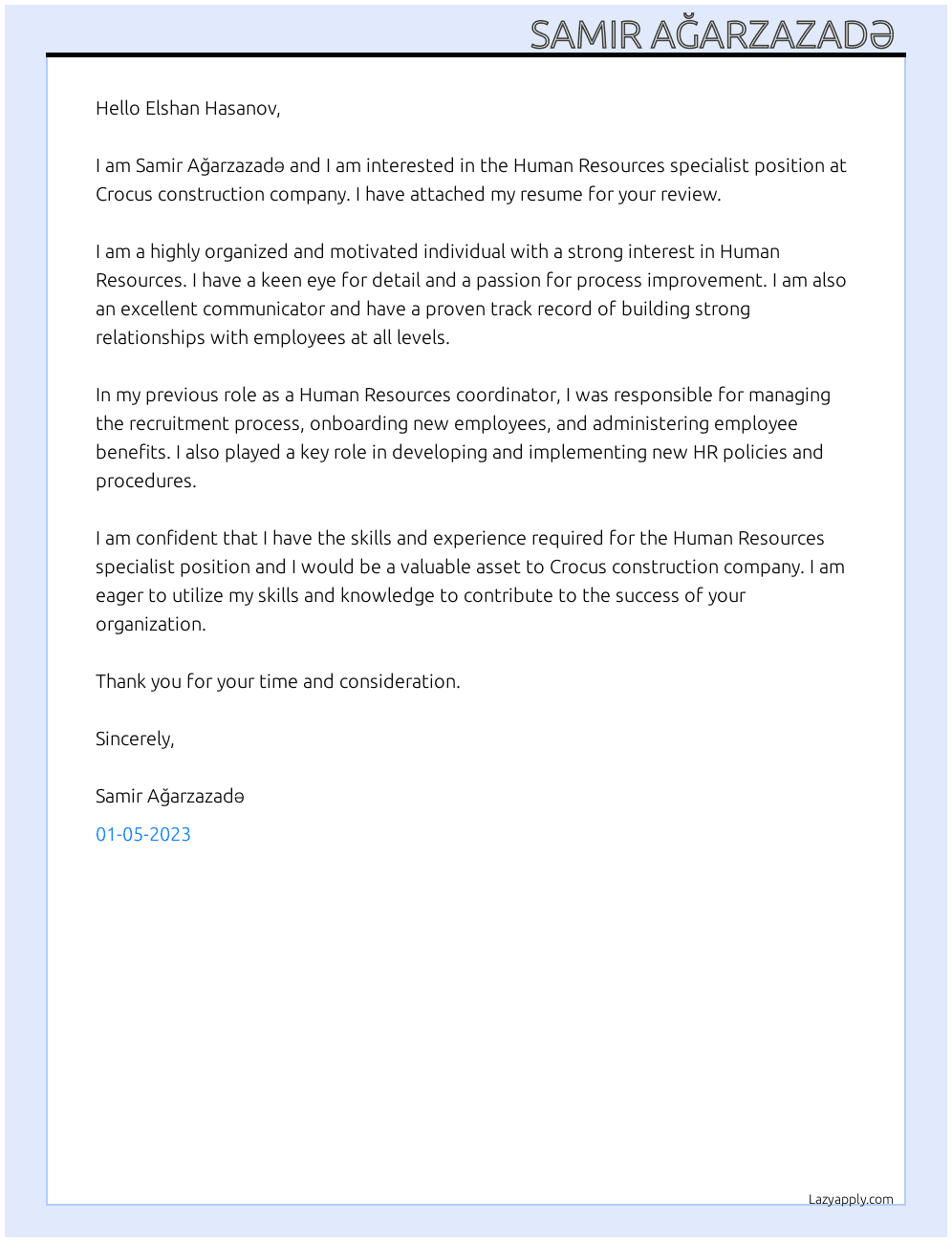 Human Resources specialist  At Crocus construction company  Cover Letter