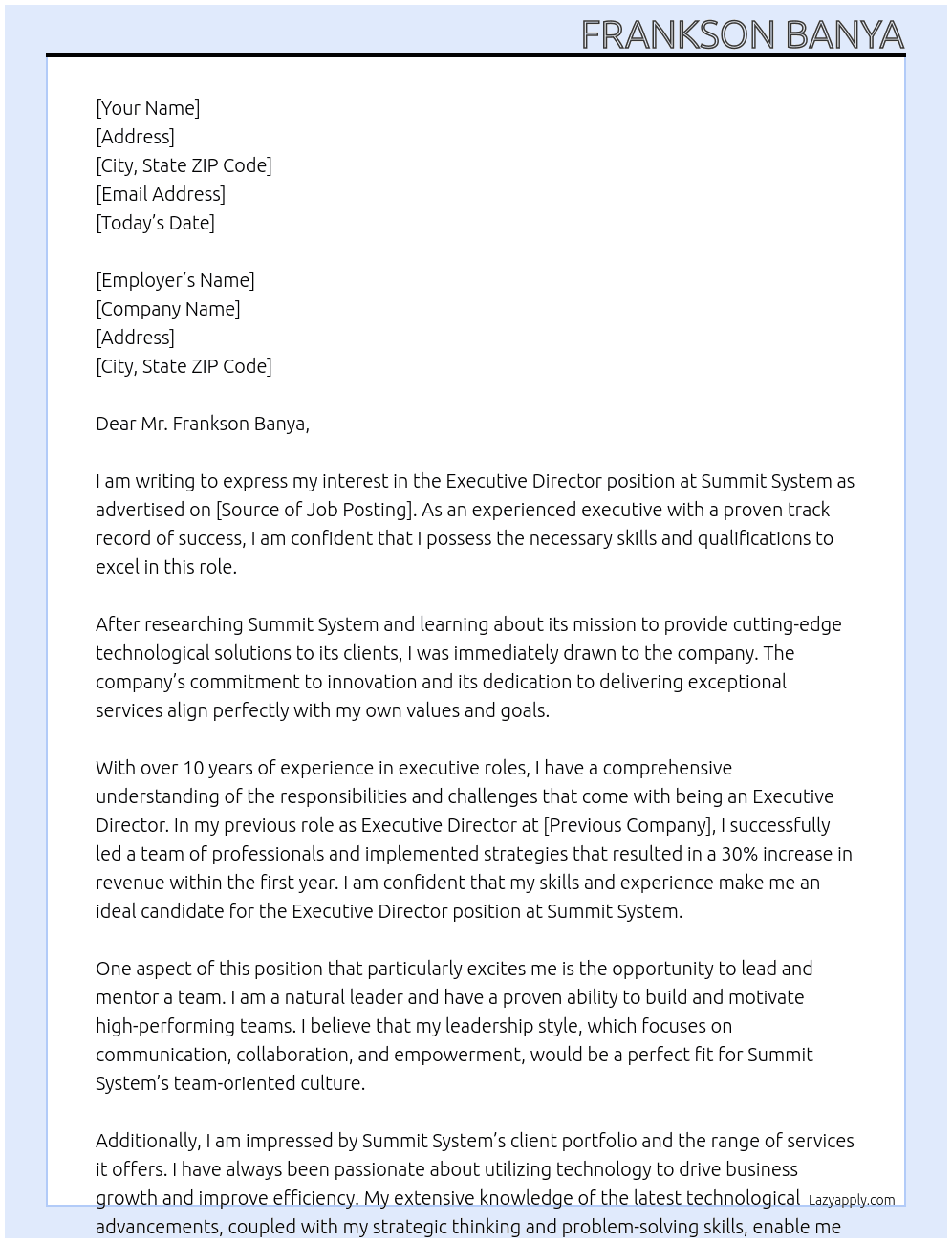 Executive director At Summit system Cover Letter