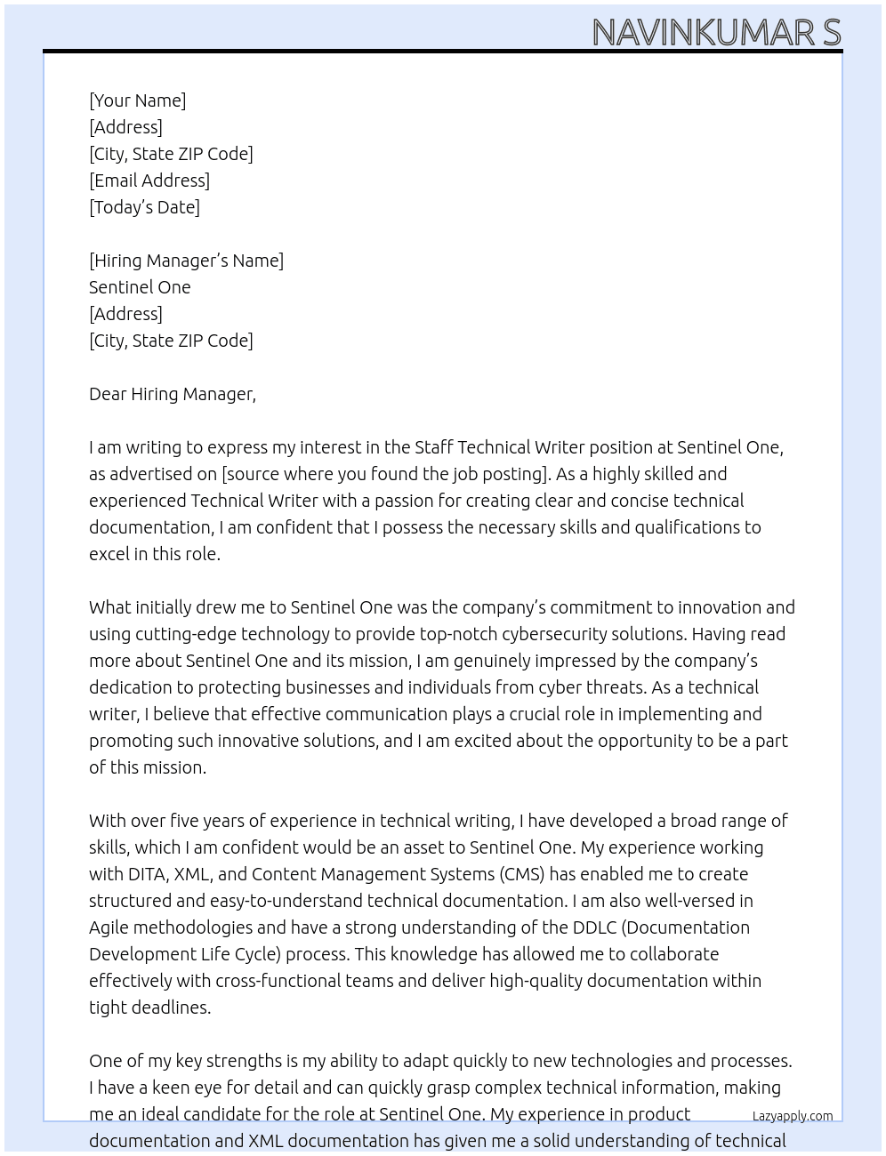 Staff Technical Writer At Sentinel One Cover Letter