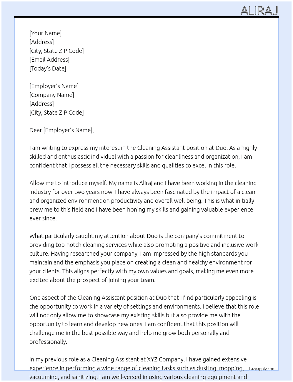 Cleaning assistant At Duo Cover Letter