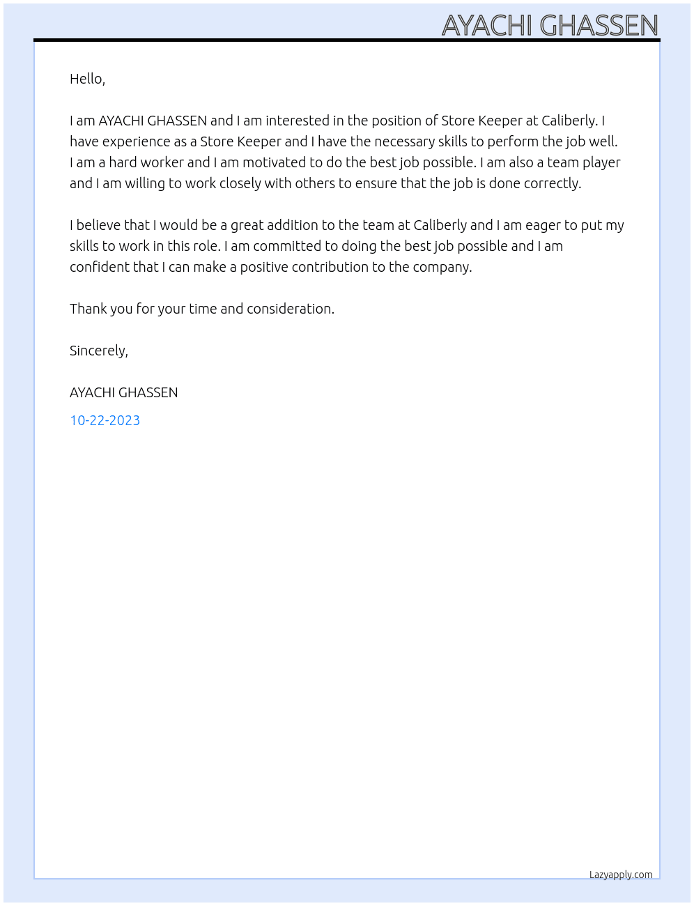 Store Keeper At Caliberly Cover Letter