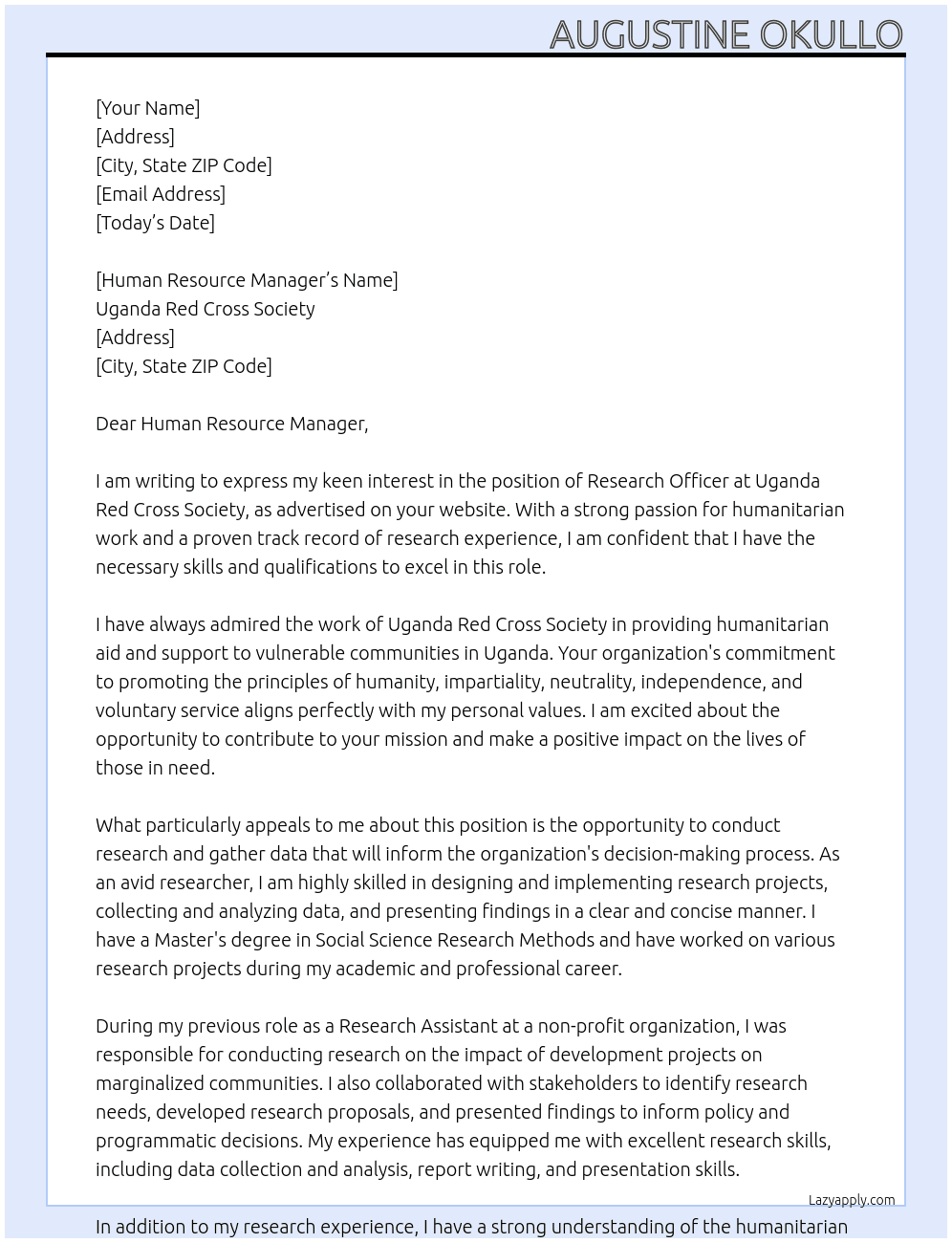 Research officer At Uganda Red cross society Cover Letter