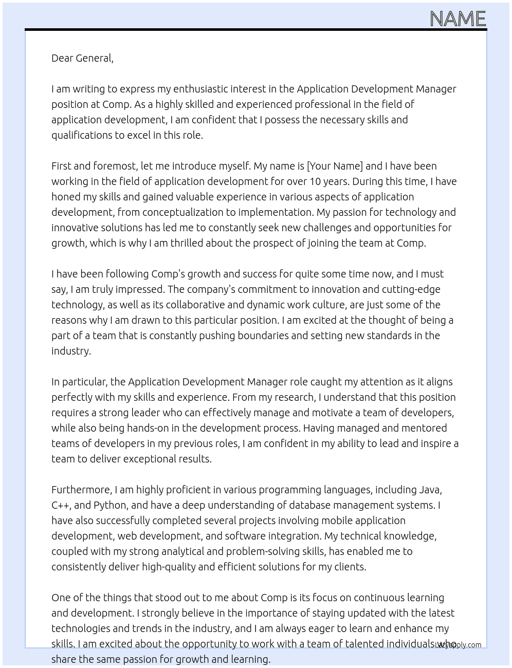 APPLICATION DEVELOPMENT MANAGER At comp Cover Letter
