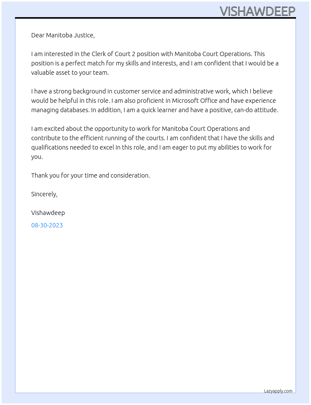 Clerk of Court 2 At kalyan Cover Letter