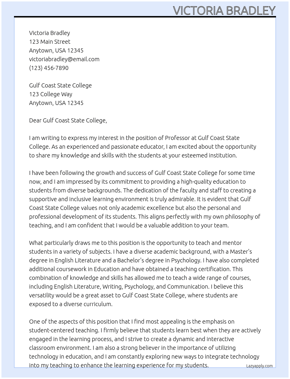 Professor At Gulf Coast State College Cover Letter