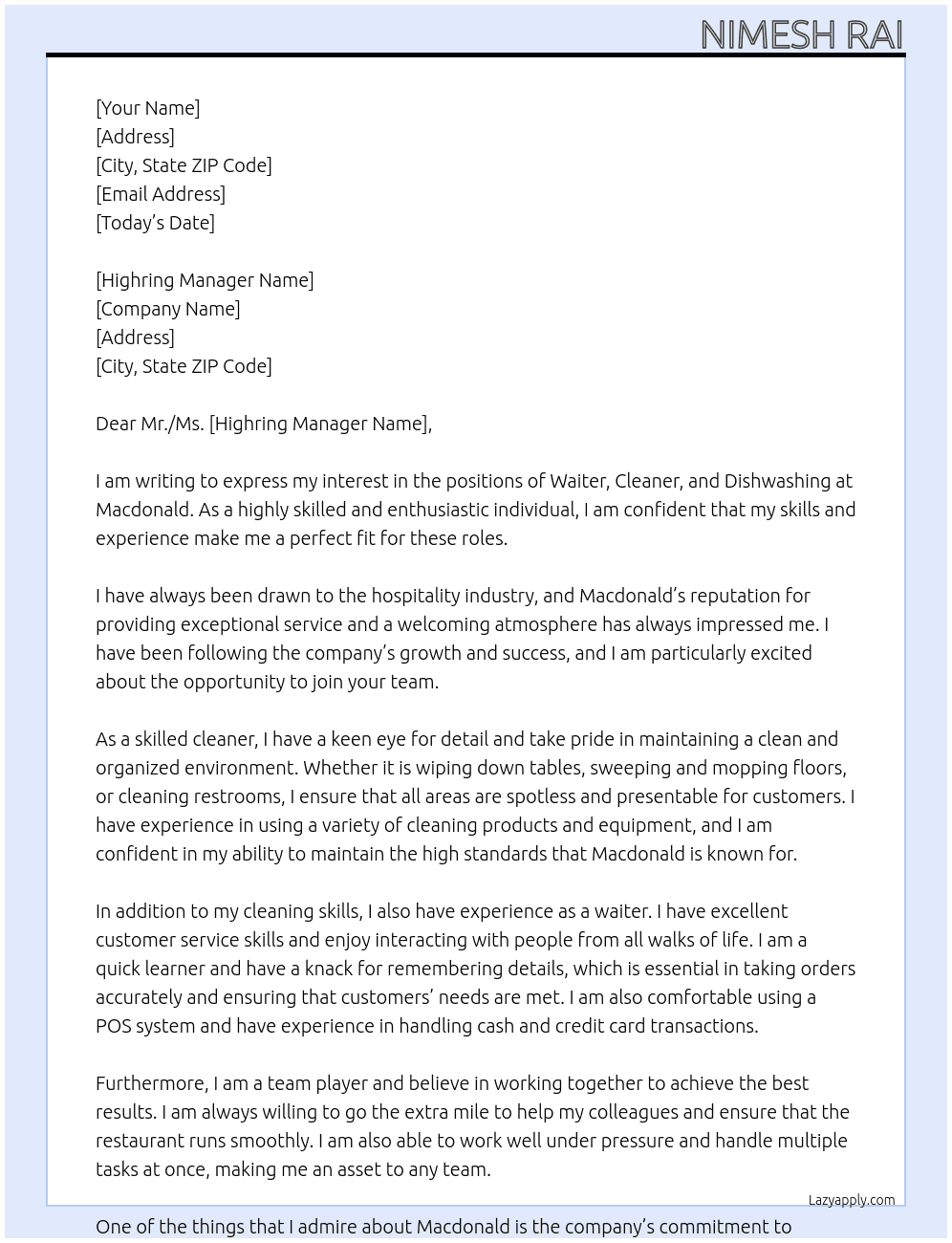 Waiter, Cleaner, Dishwashing At Macdonald  Cover Letter