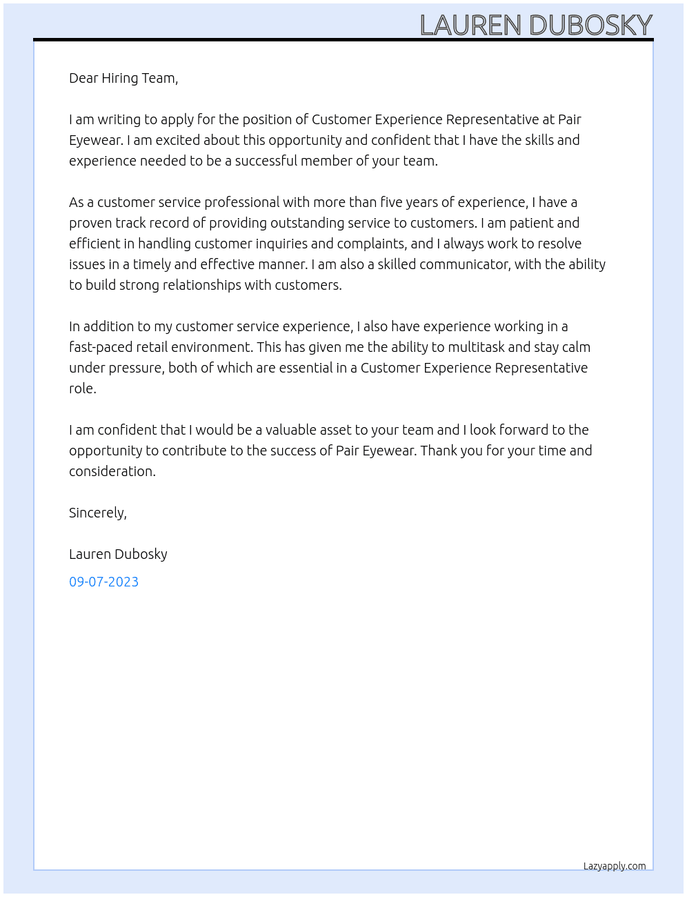 Customer Experience Representative At Pair Eyewear Cover Letter