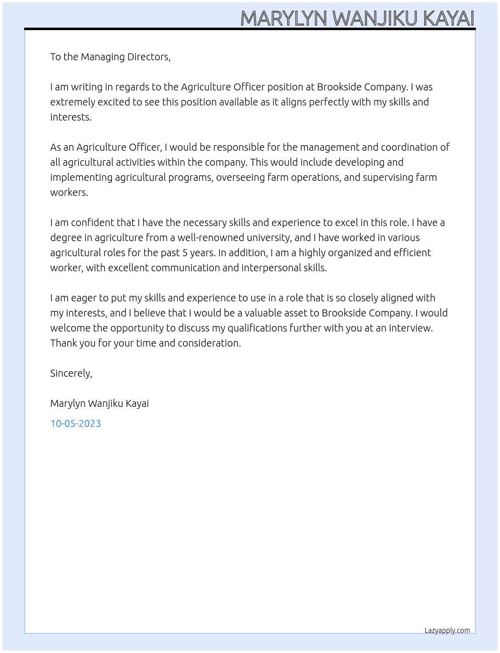 Agriculture Officer At Brookside Company Cover Letter