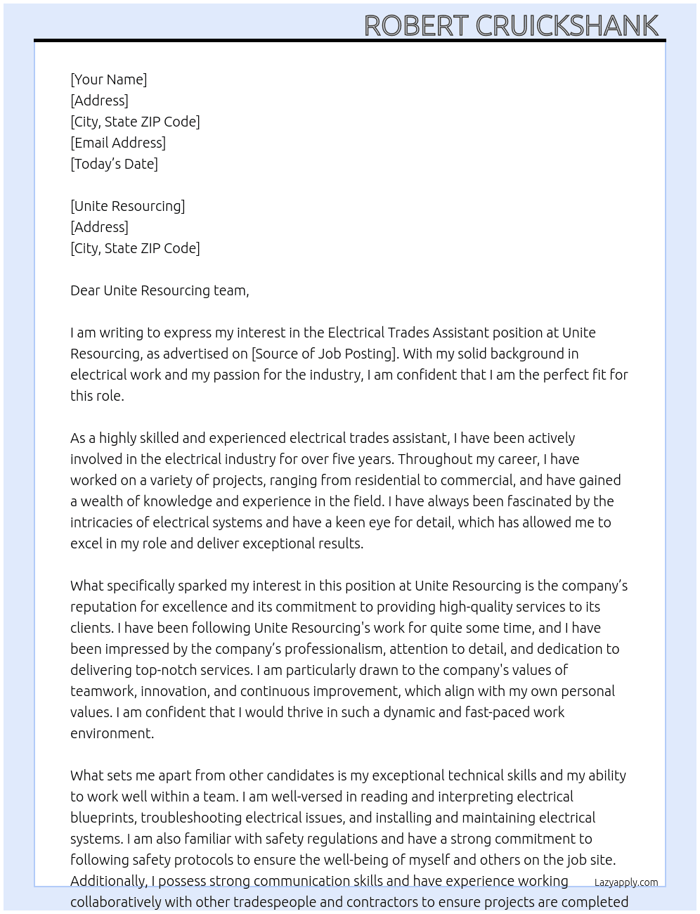 Electrical trades assistant  At Unite resourcing  Cover Letter