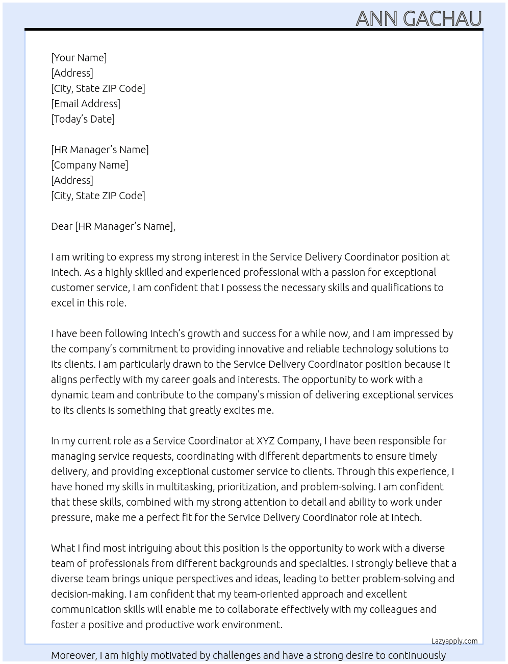 Service Delivery Coordinator At Intech Cover Letter