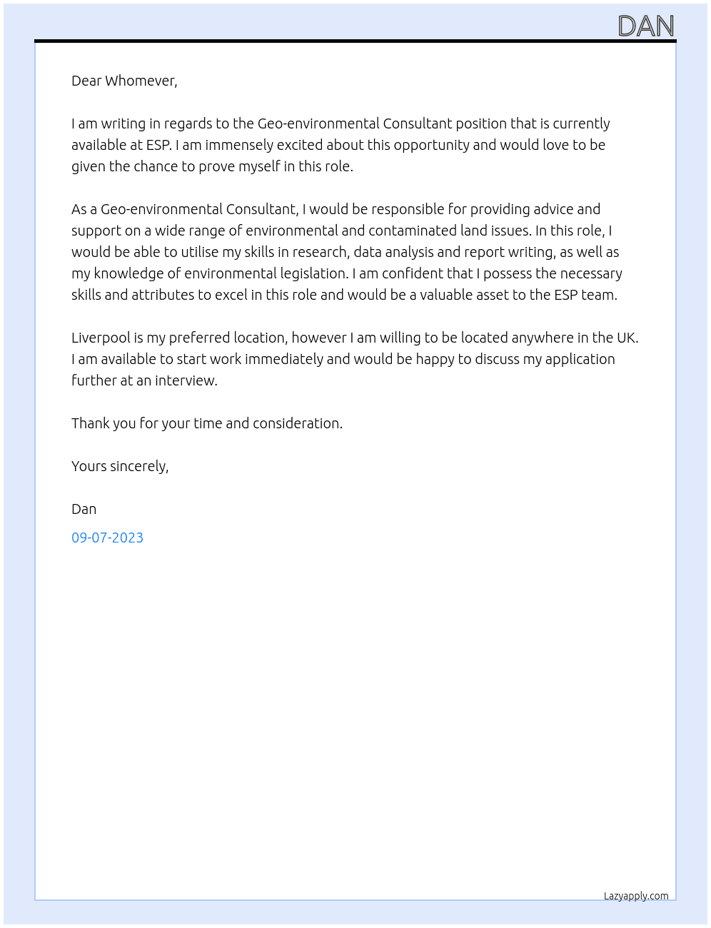 Geo-environmental Consultant At ESP Cover Letter