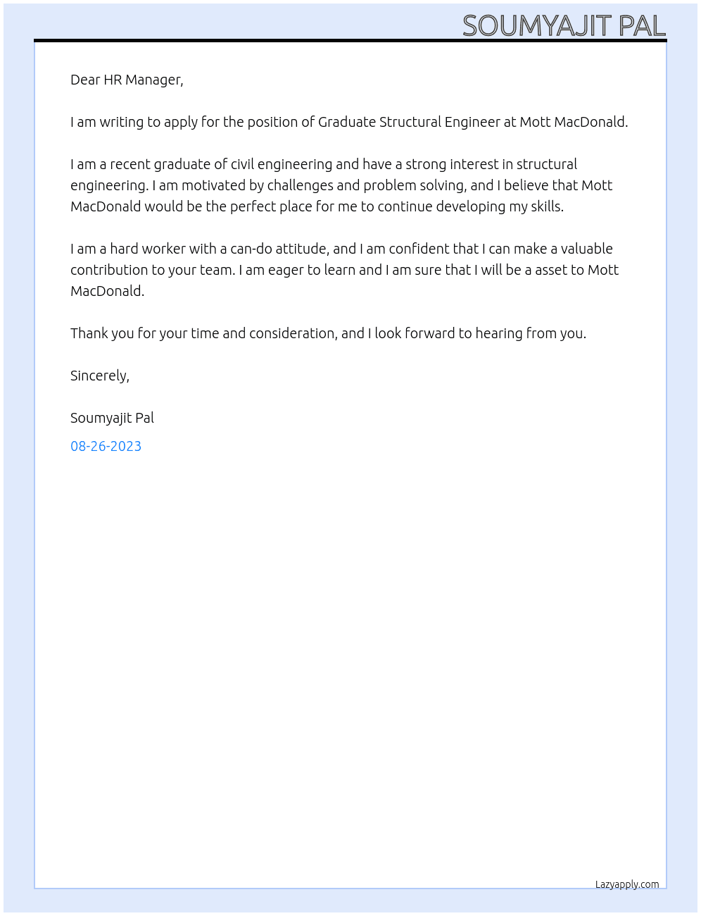 Graduate structural engineer At Mott MacDonald Cover Letter