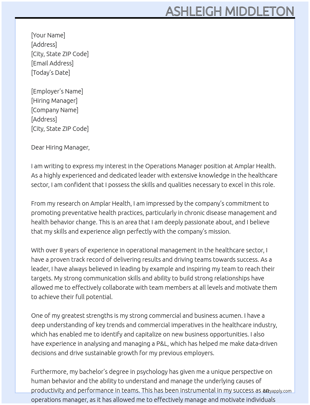 Operations Manager At Amplar Health Cover Letter