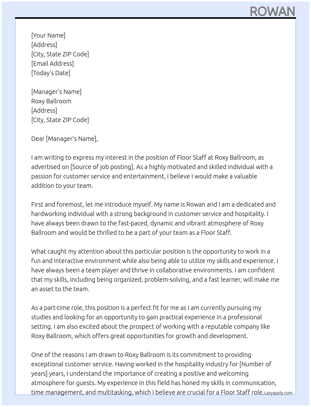 floor staff  At roxy ballroom Cover Letter