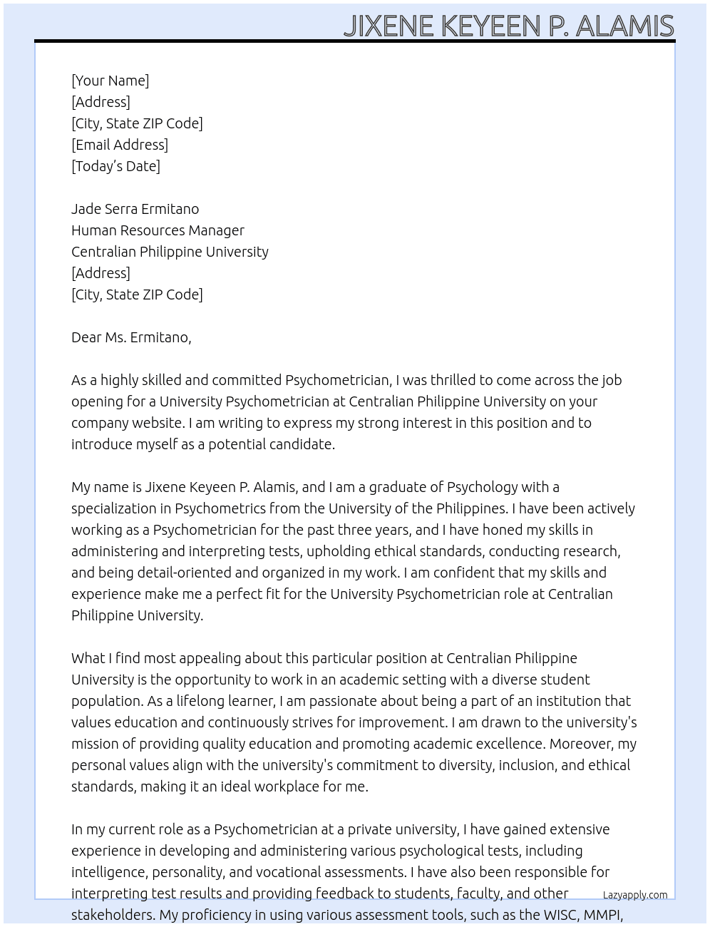 University Psychometrician At Centralian Philippine University Cover Letter