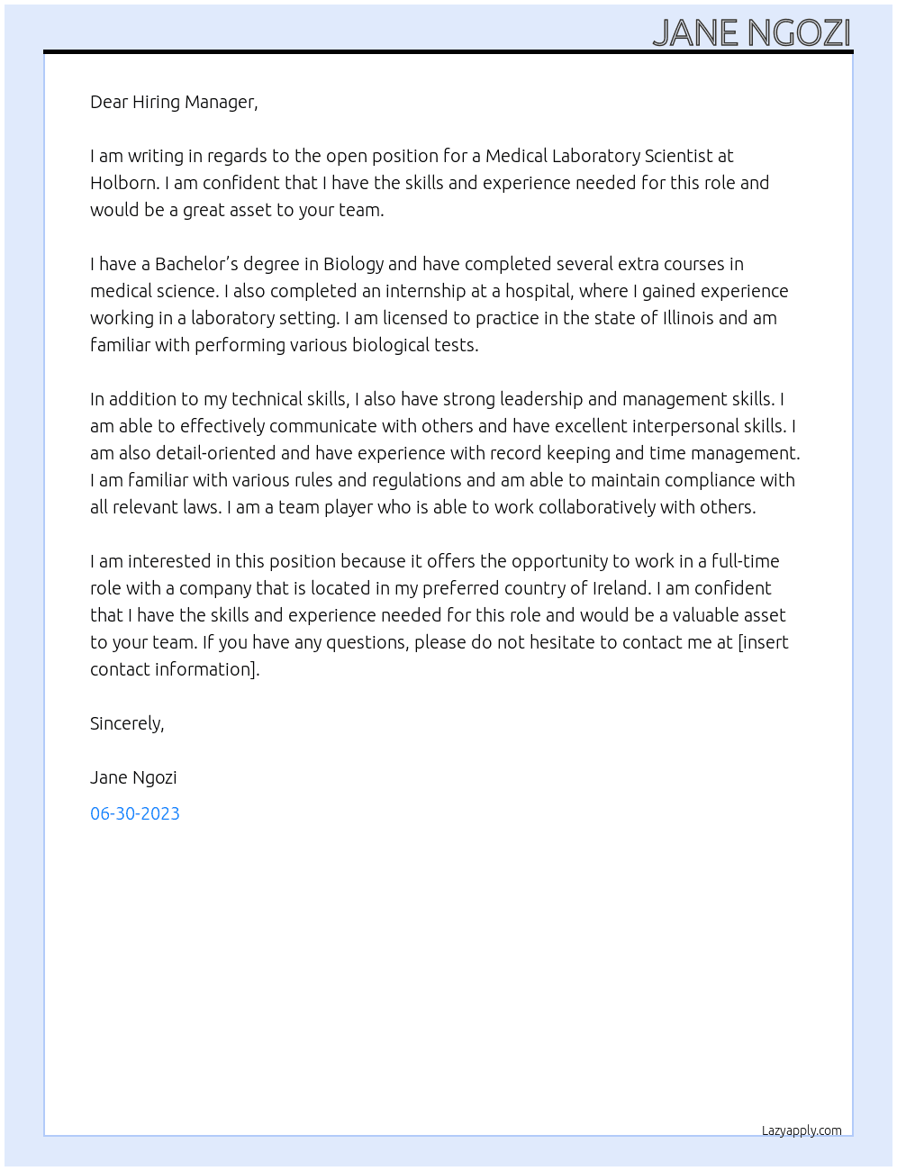 MEDUCAL LABORATORY SCIENTIST At Holborn Cover Letter