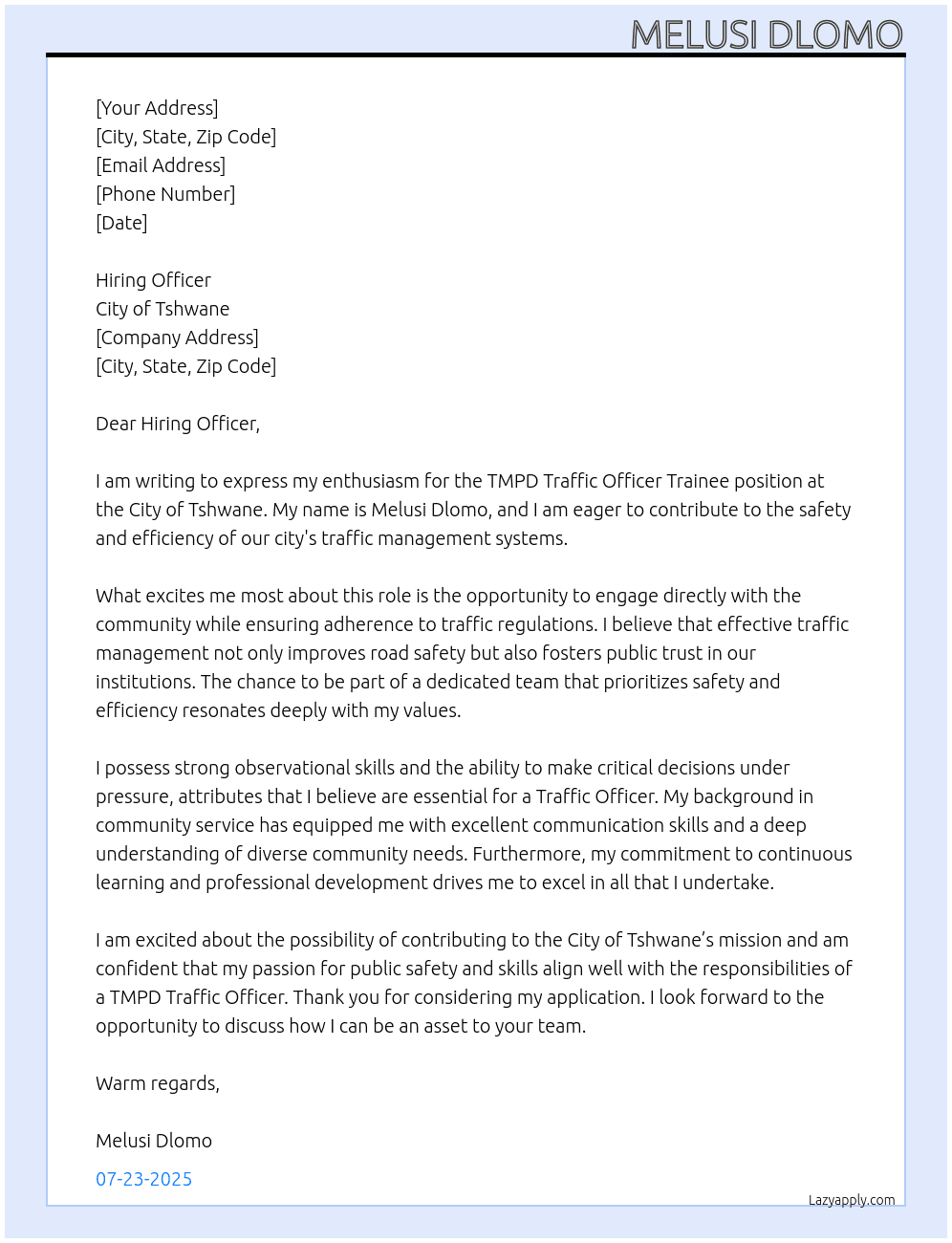 TMPD Traffic Officer trianee At City of Tshwane Cover Letter