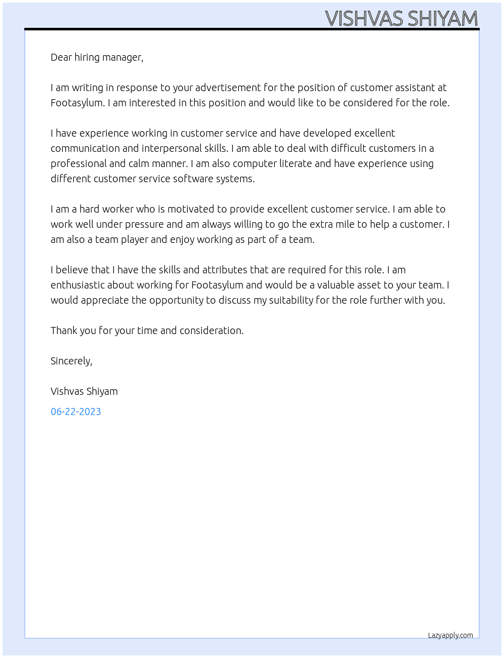 Customer assistent  At footasylum Cover Letter