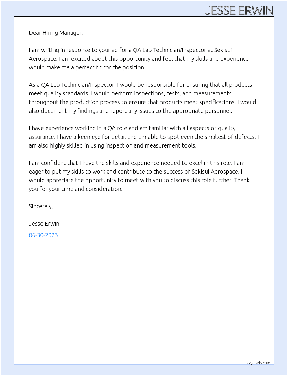 QA Lab Technician/Inspector At Sekisui Aerospace Cover Letter