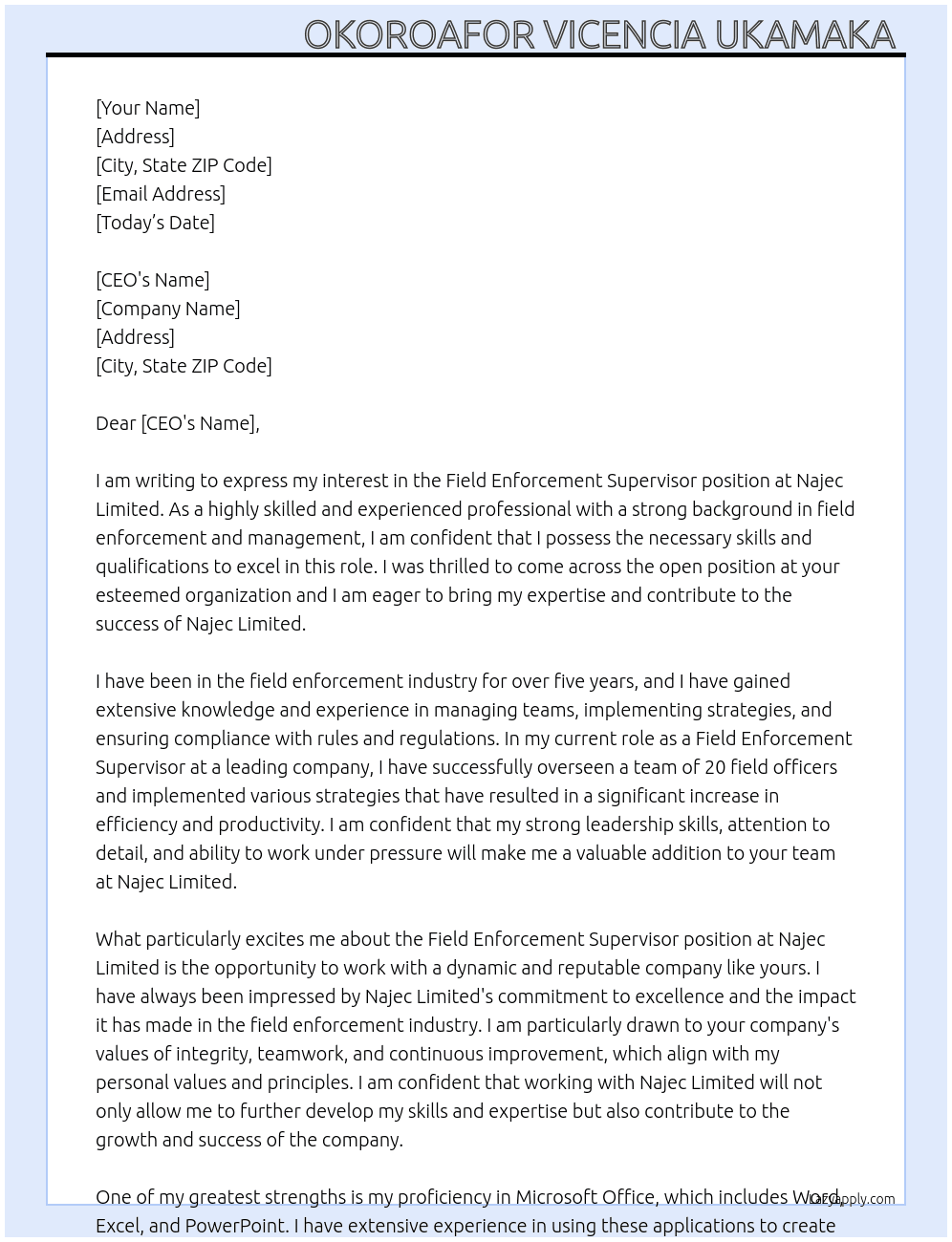 Field enforcement supervisor  At Najec limited  Cover Letter