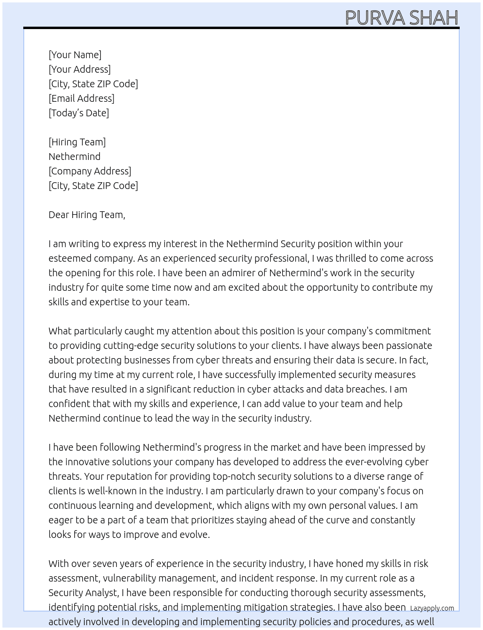 Nethermind security At Nethermind  Cover Letter