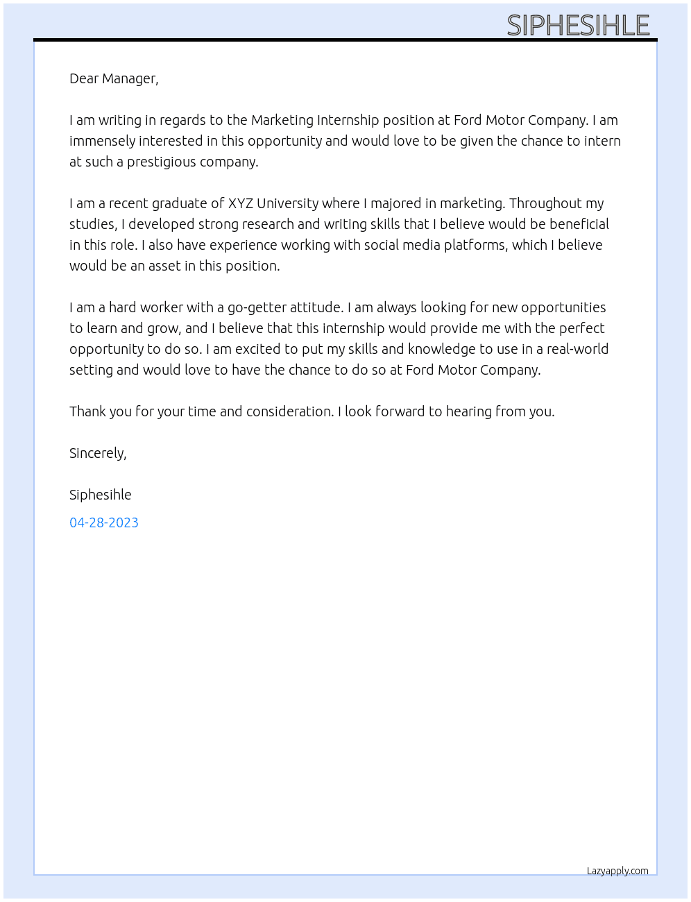 Marketing Internship  At Ford motor company  Cover Letter