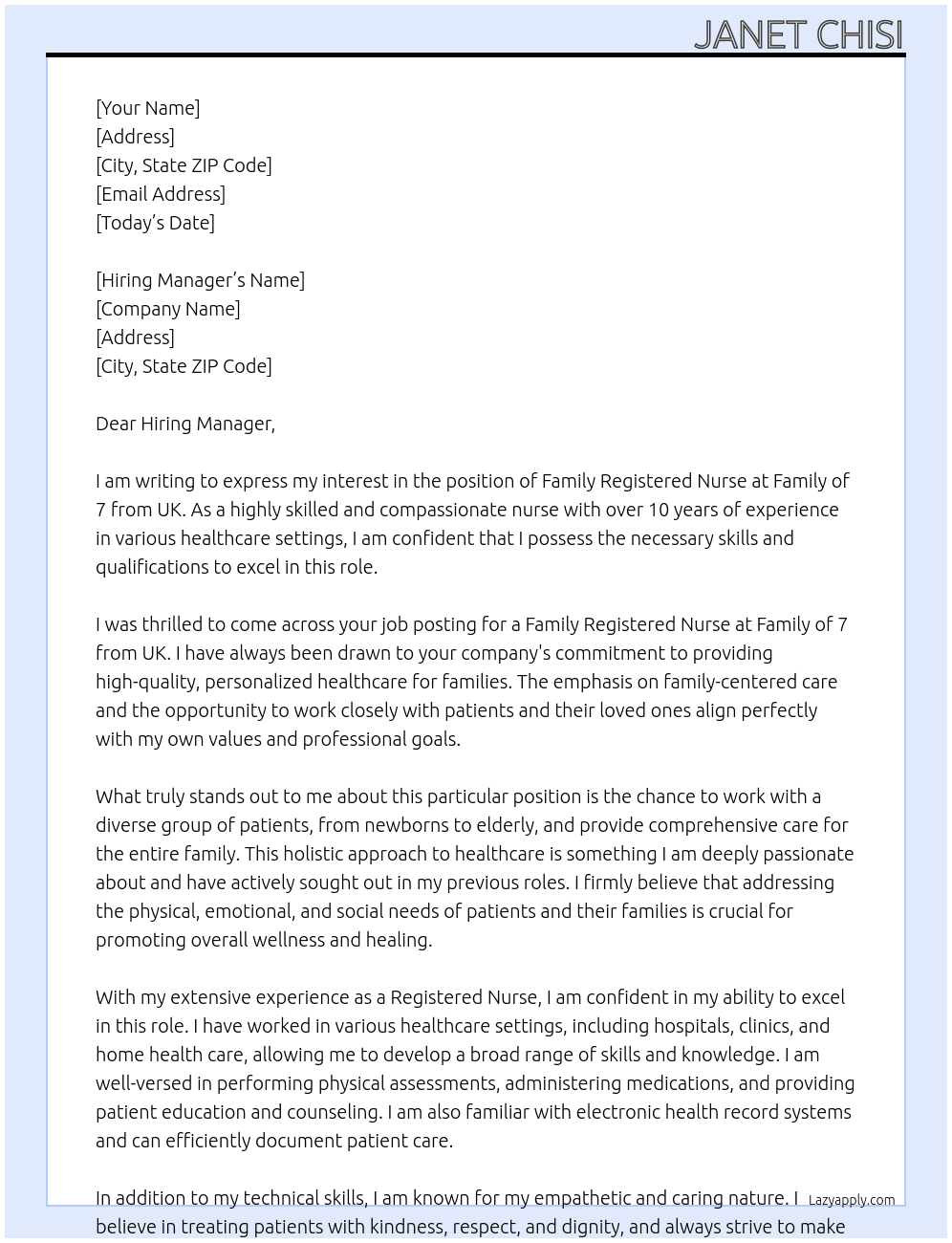 Family Registered Nurse At Family of 7from UK  Cover Letter