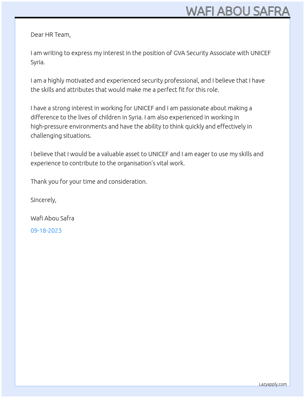 GVA Security Associate At UNICEF Syria Cover Letter