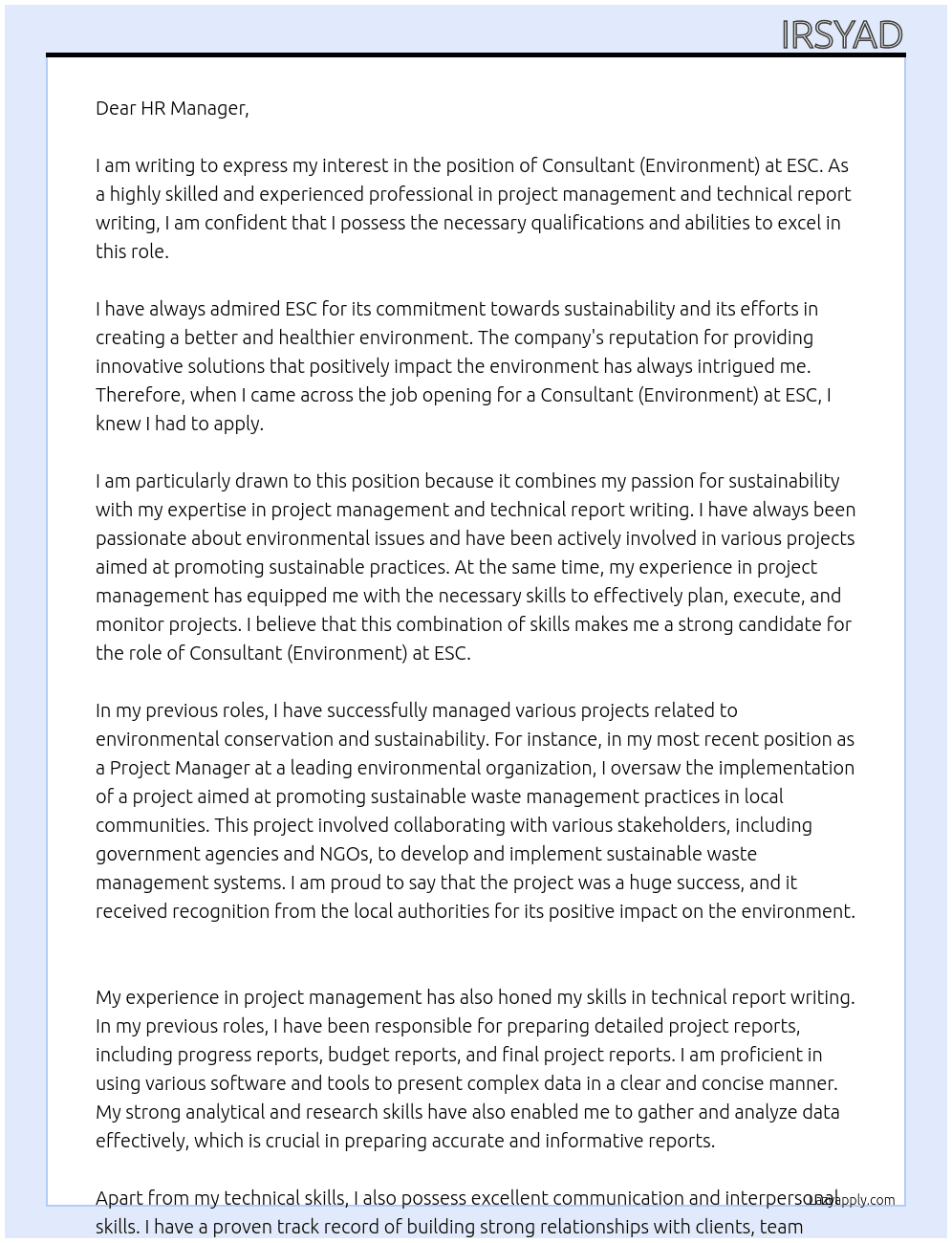 Consultant (Environment) At ESC Cover Letter