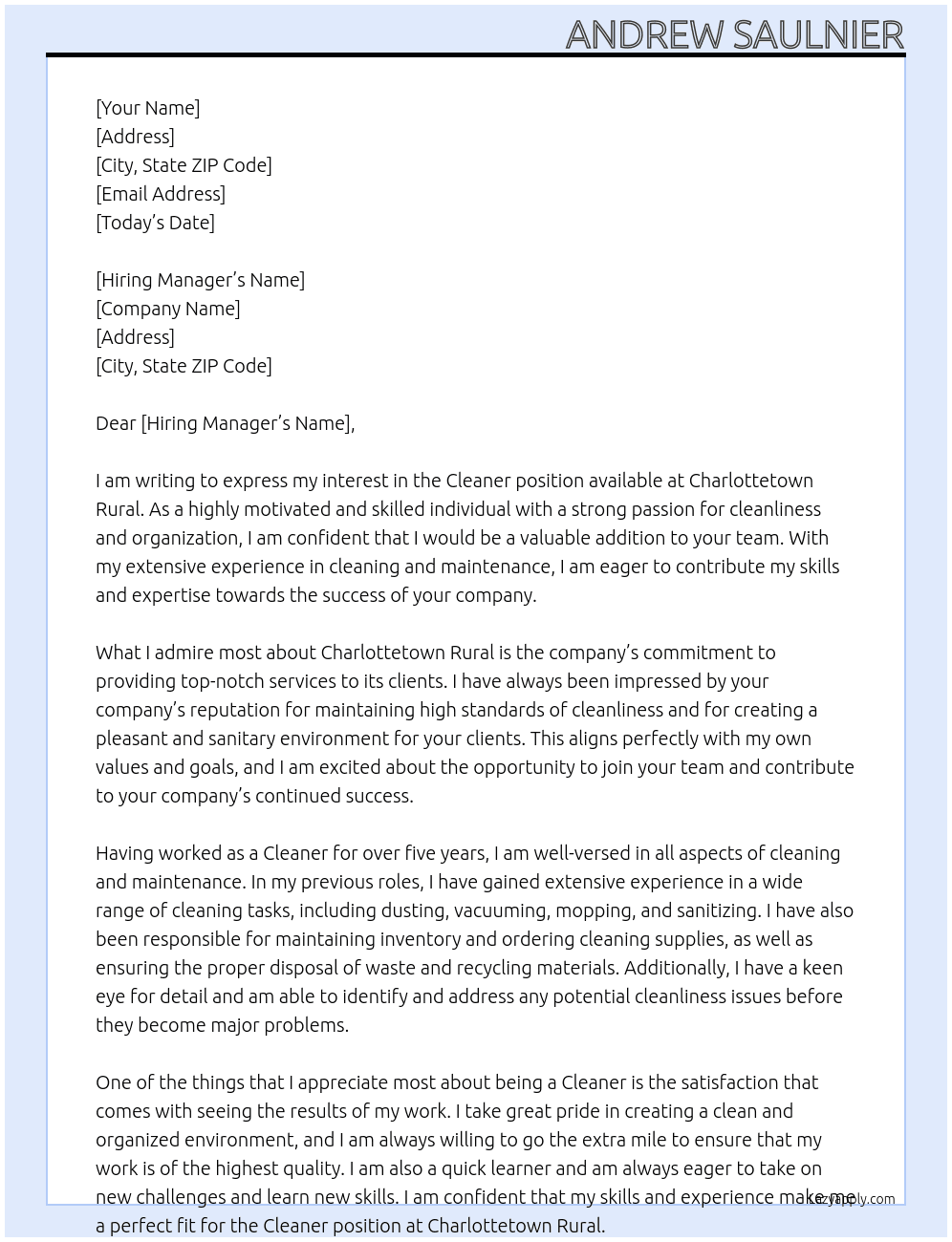 Cleaner At Charlottetown rural Cover Letter