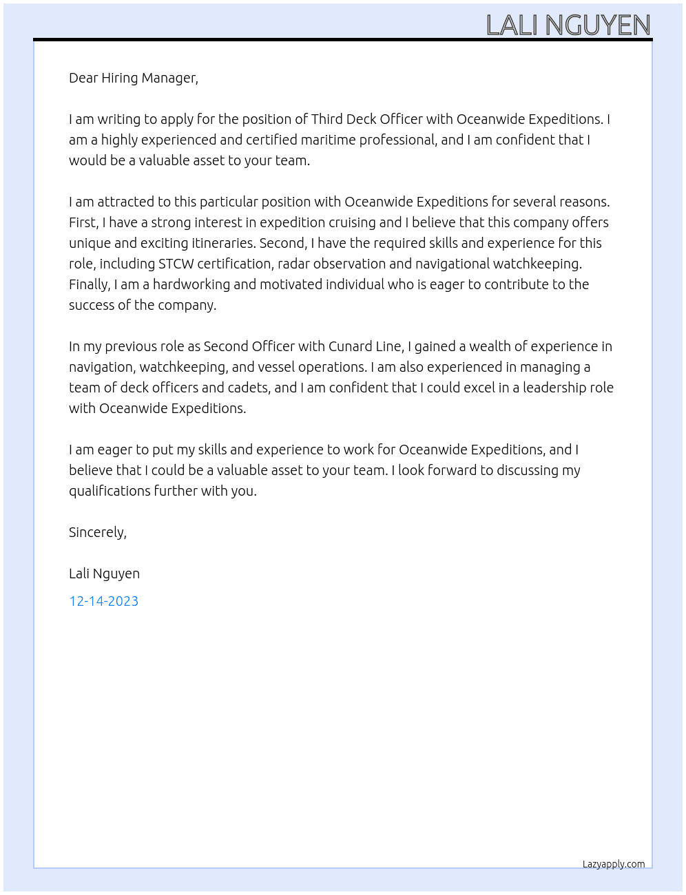 Third Deck Officer At Oceanwide Expeditions Cover Letter
