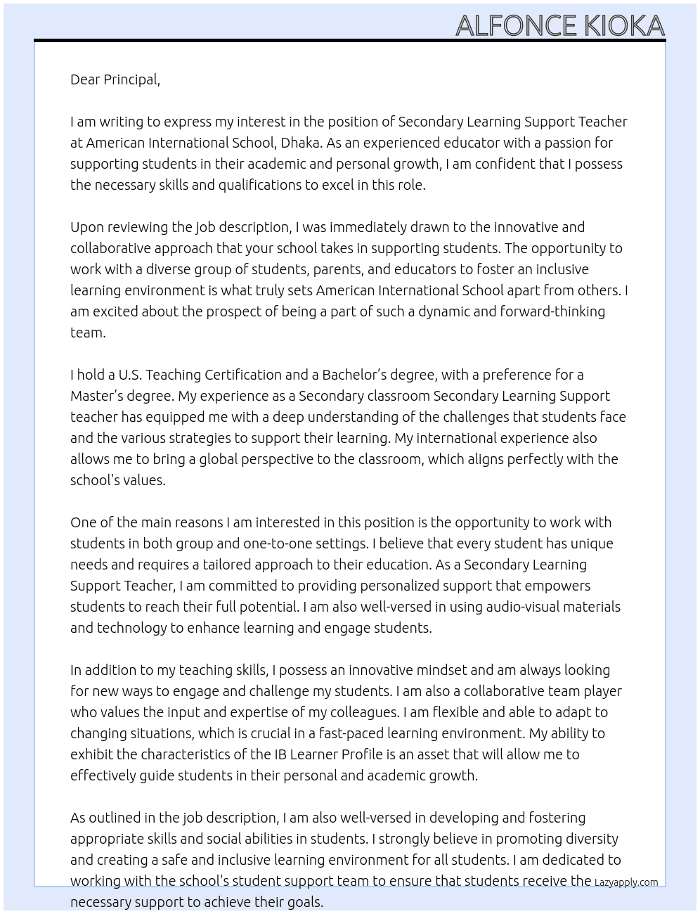 Secondary Learning Support Teacher At American International School, Dhaka Cover Letter