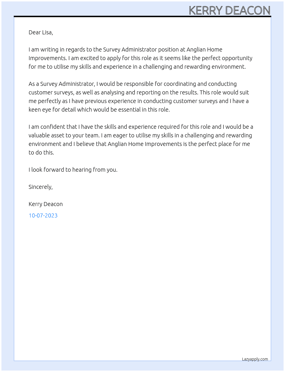 Survey Administrator At Anglian Home Improvements Cover Letter