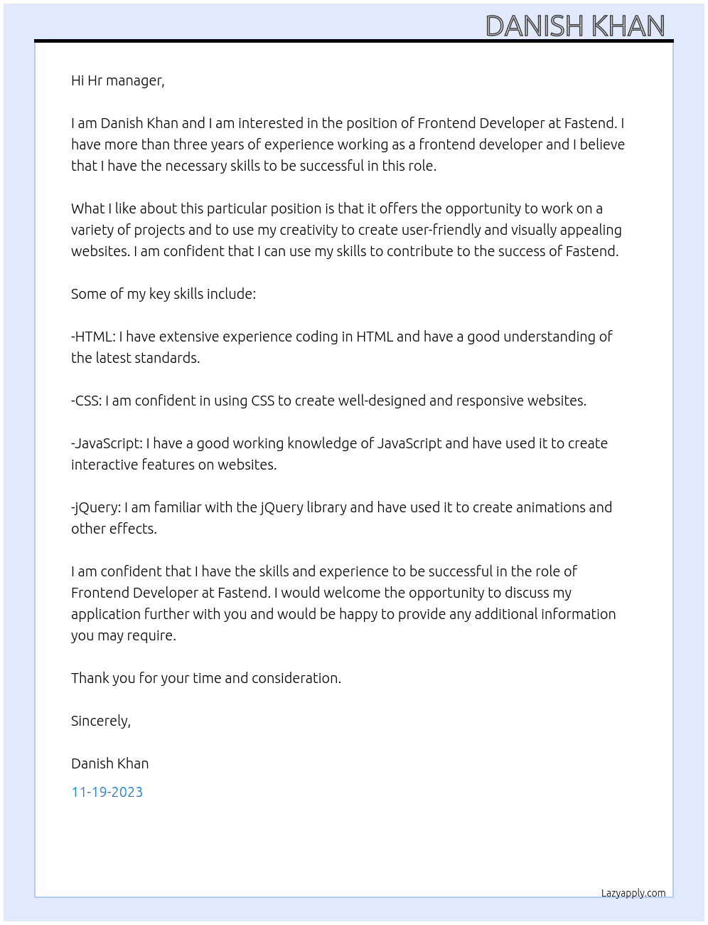 Frontend Developer At Fastend Cover Letter