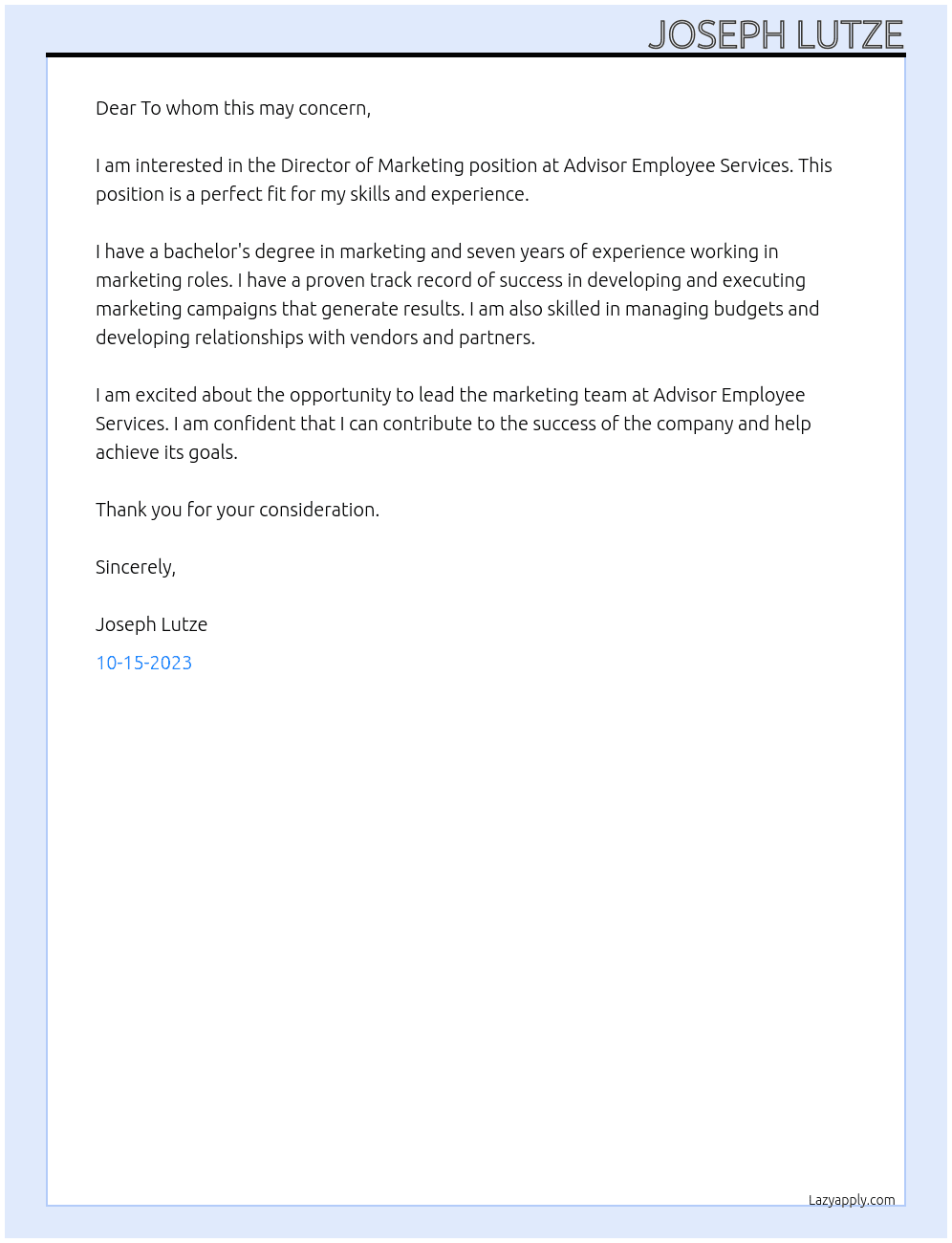 Director of Marketing At Advisor Employee Services Cover Letter