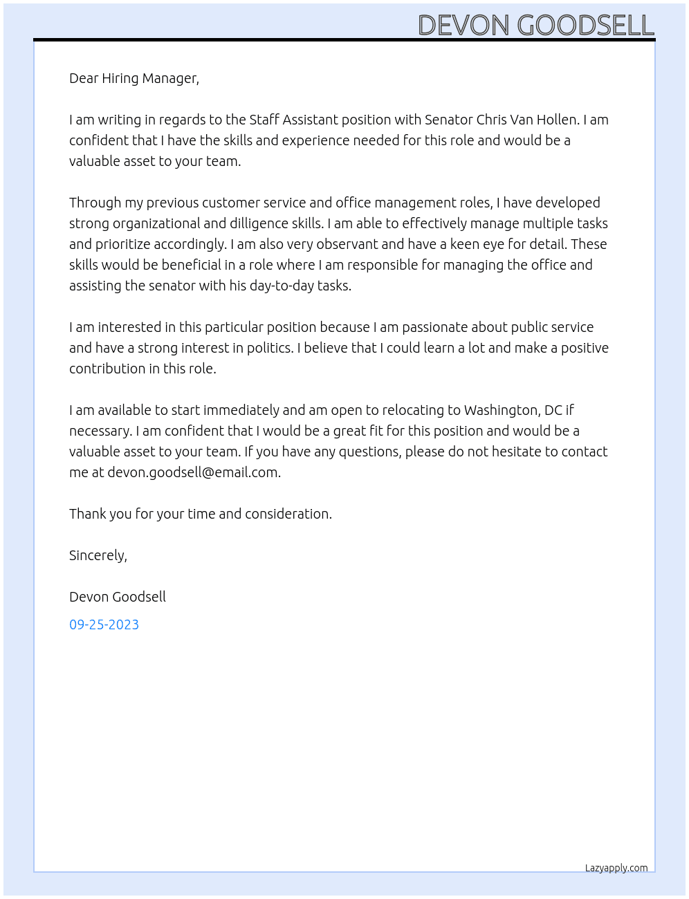 Staff Assistant At Senator Chris Van Hollen Cover Letter