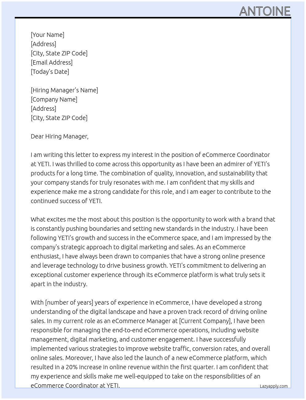 eCommerce Coordinator At YETI Cover Letter