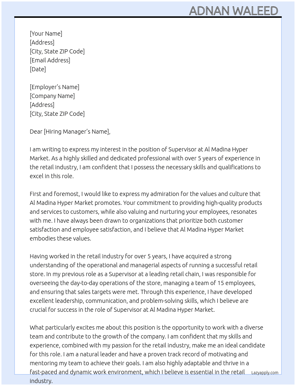 Supervisor  At Al Madina Hyper Market  Cover Letter