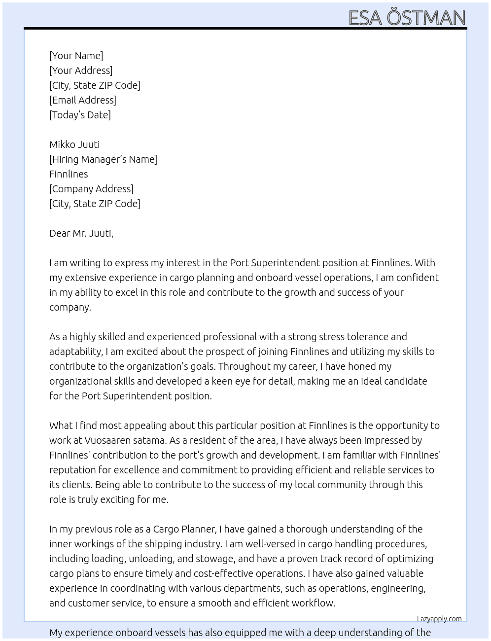 Port superintendent At Finnlines Cover Letter
