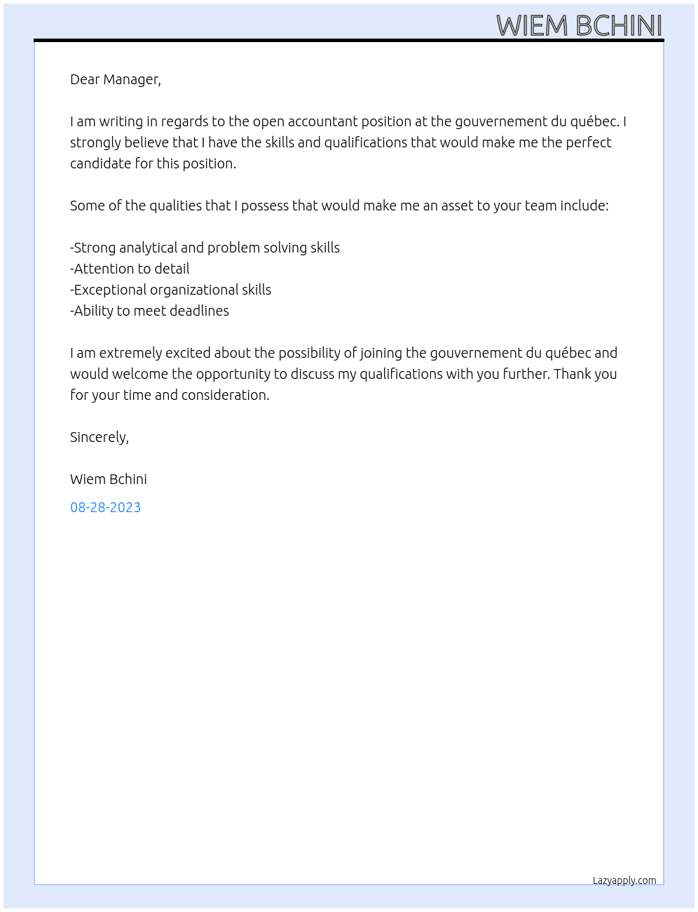 accountant  At gouvernement du québec Cover Letter