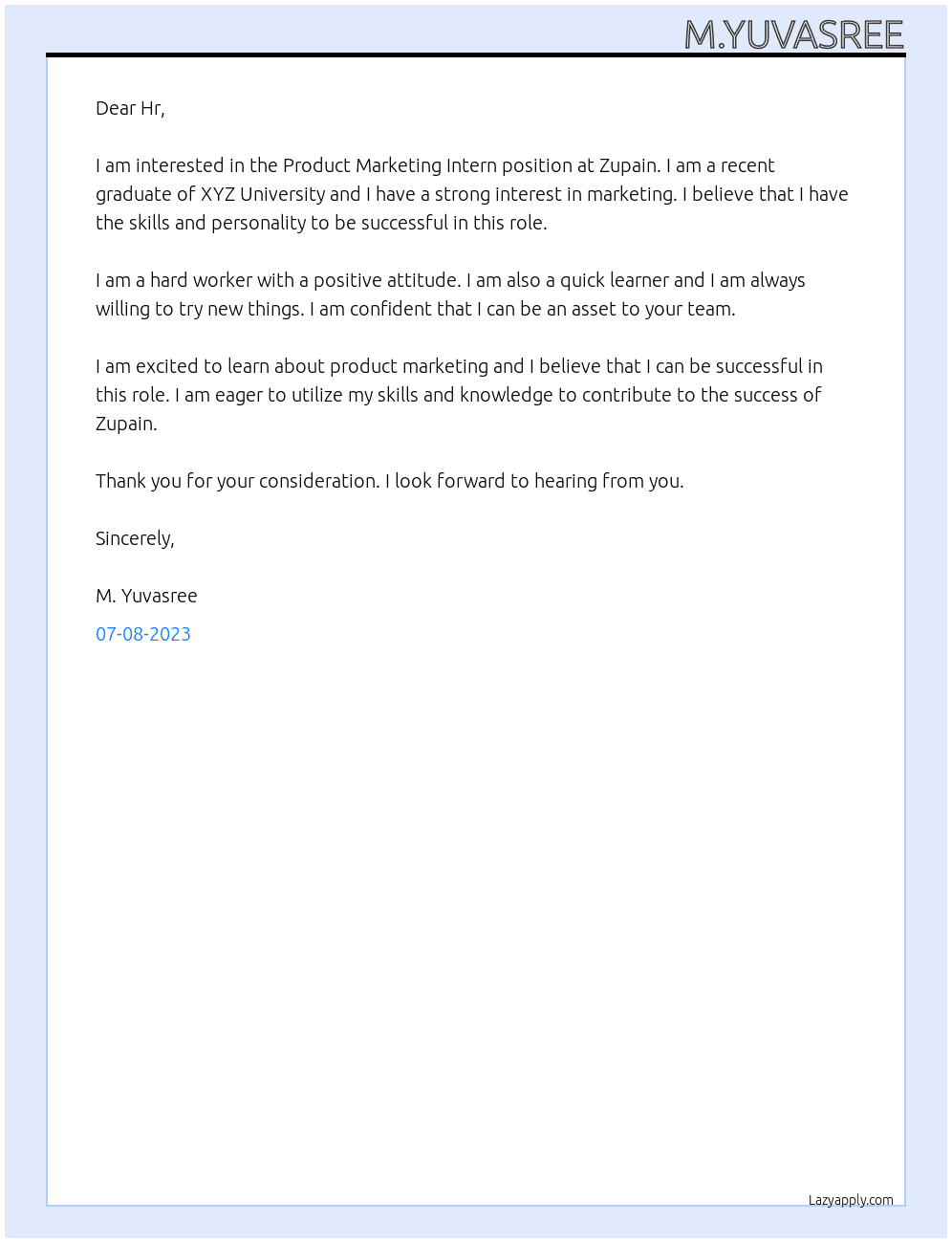 Product Marketing Intern At Zupain, Chennai Cover Letter