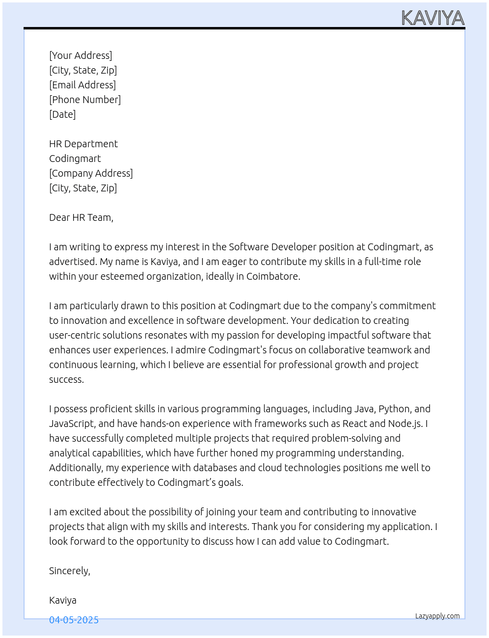 Software developer At Codingmart Cover Letter