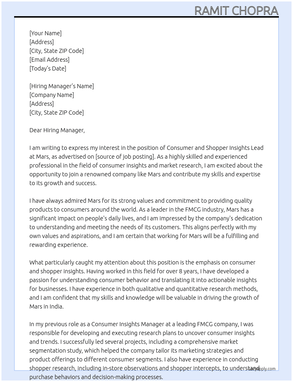 Consumer and Shopper Insights Lead - India At Mars Cover Letter