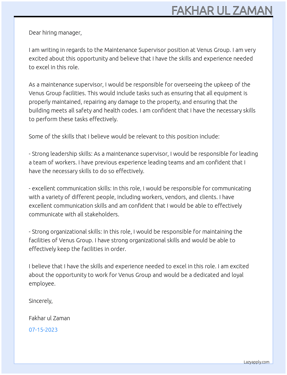 Maintenance Supervisor At Venus Group Cover Letter